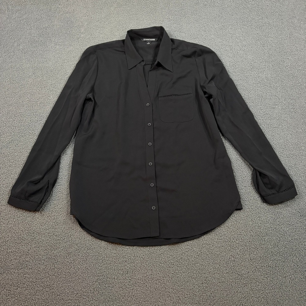 41 Hawthorn Blouse Women S Black Button Front Long Sleeve Ladder Trim Top 2003